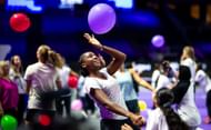Coco Gauff of the United States during a kids clinic ahead of the WTA Finals Riyadh as part of the Hologic WTA Tour 2024 at King Saud University Indoor Arena on October 30, 2024, in Riyadh, Saudi Arabia (Photo by Robert Prange / Getty Images)